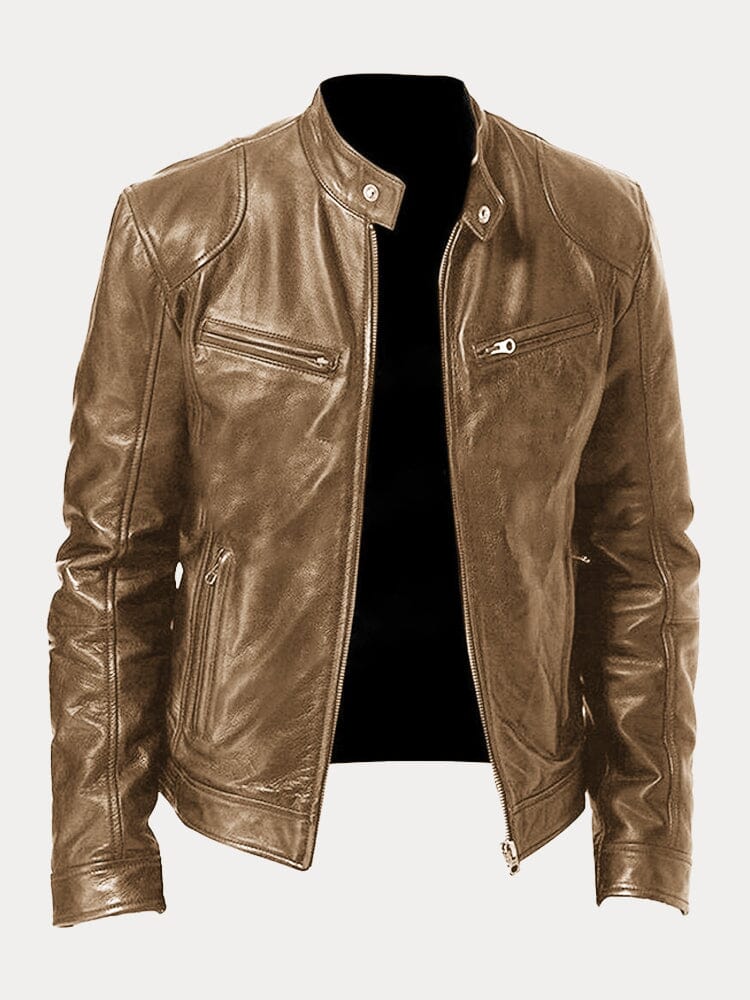 Stand Collar Zipper Cardigan Pocket PU Leather Jacket Jackets coofandystore Khaki S 