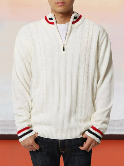 Stand Collar Splicicng Zipper Pullover Sweater Sweaters coofandystore White S 