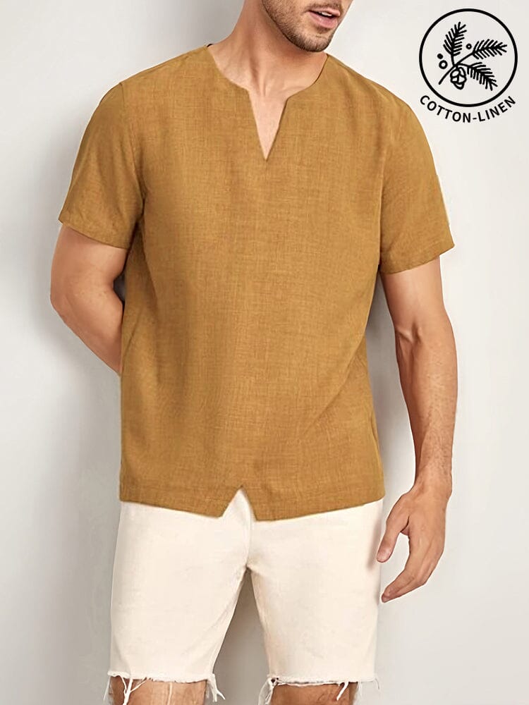Cotton Linen Casual Short Sleeve Shirt Shirts coofandystore Camel S 