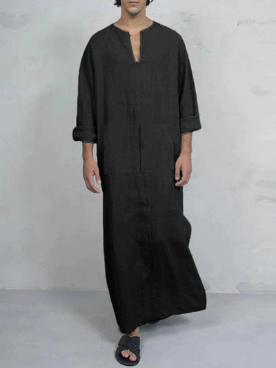 Linen One-Piece Rectangle Pocket Long Shirt Robe coofandystore Black S 