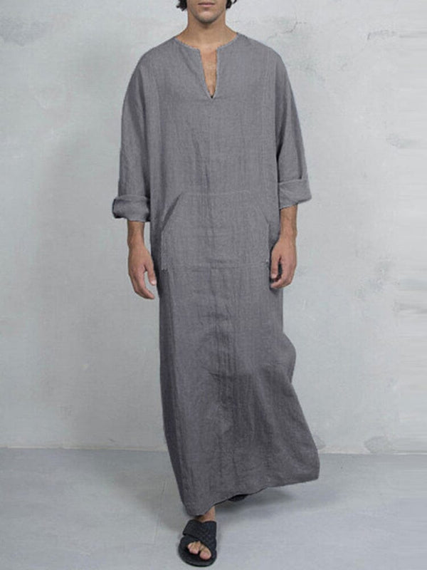 Linen One-Piece Hexagonal Pocket Long Shirt Robe coofandystore Grey S 