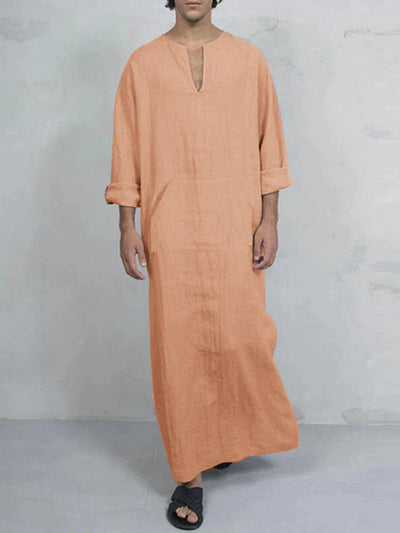 Linen One-Piece Hexagonal Pocket Long Shirt Robe coofandystore Orange S 