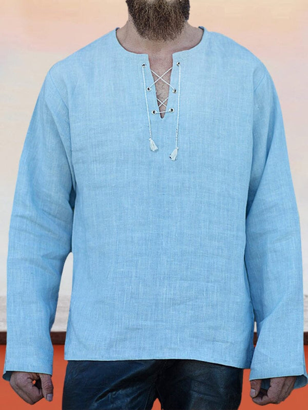 Casual Solid Lace Up Linen Shirt Shirts coofandystore Clear Blue S 