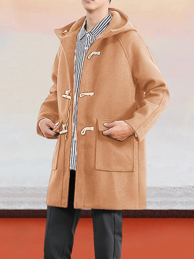 Hooded Horn Button Tweed Coat Coat coofandystore Light Brown S 