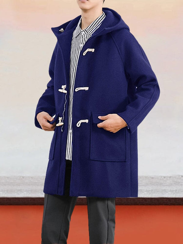 Hooded Horn Button Tweed Coat Coat coofandystore Navy Blue S 