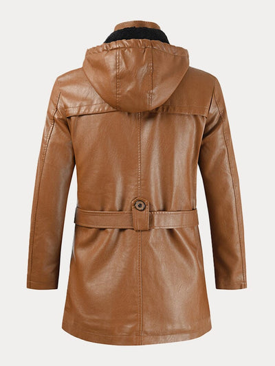 Hooded Leather Trench Coat with Belt Coat coofandystore 