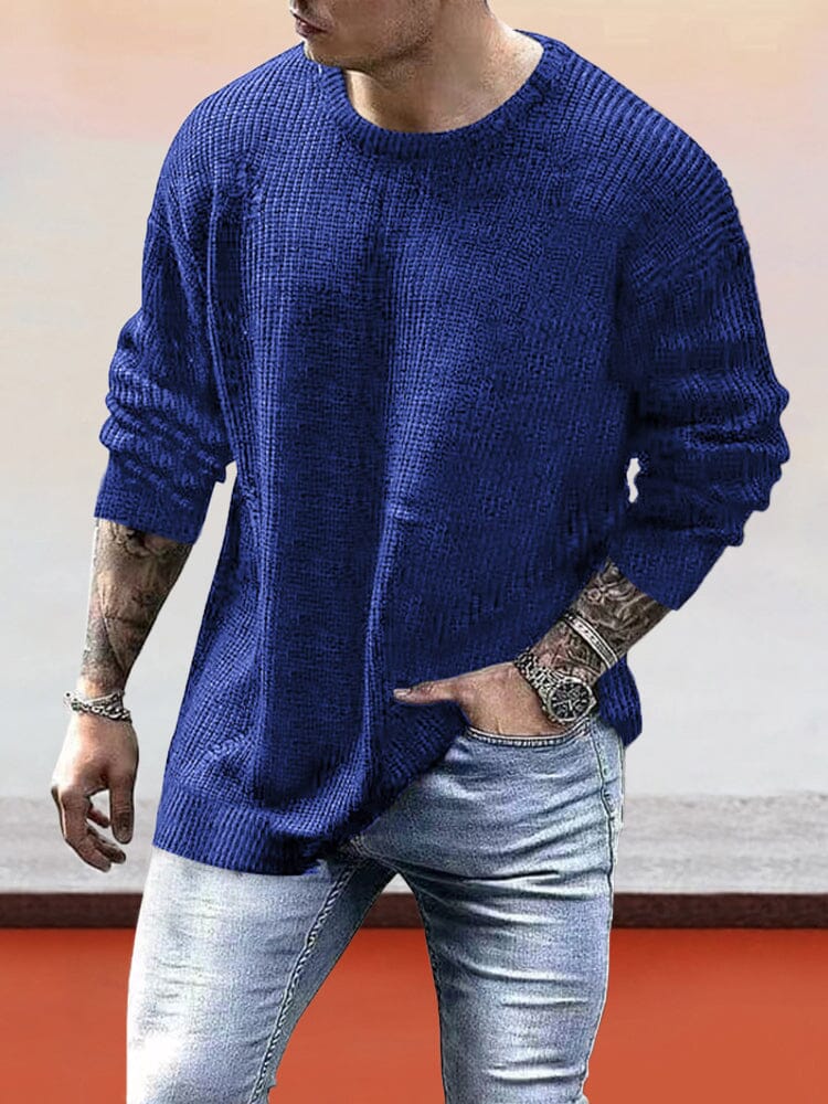 Waffle Knitted Pullover Bottom Shirt Fashion Hoodies & Sweatshirts coofandystore Blue M 