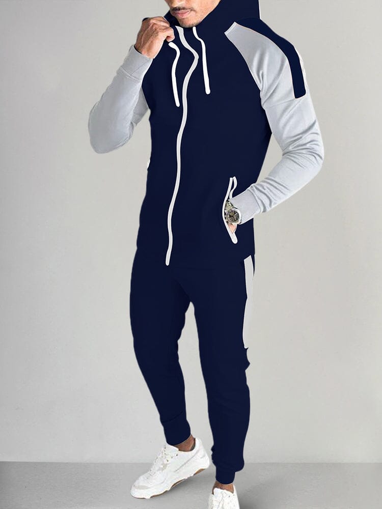 Color Blocking Hooded Sports Set Sports Set coofandystore Navy Blue M 