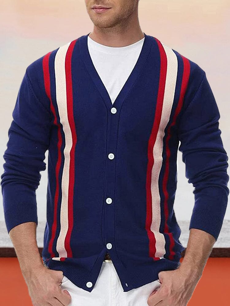 V-neck Stripe Knitted Cardigan Sweaters coofandystore Navy Blue S 