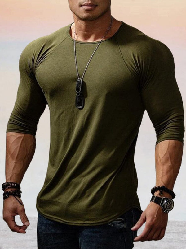 Solid Long Sleeve Stretchy Cotton Gym T-Shirt T-Shirt coofandystore Army Green M 