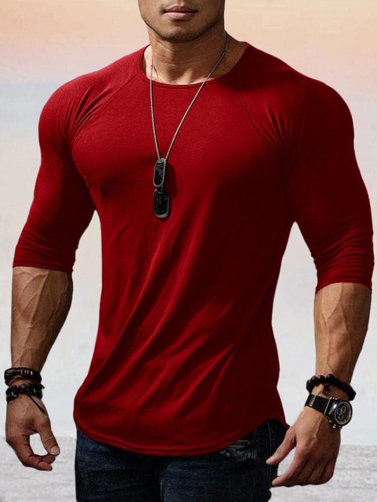 Solid Long Sleeve Stretchy Cotton Gym T-Shirt T-Shirt coofandystore Red M 