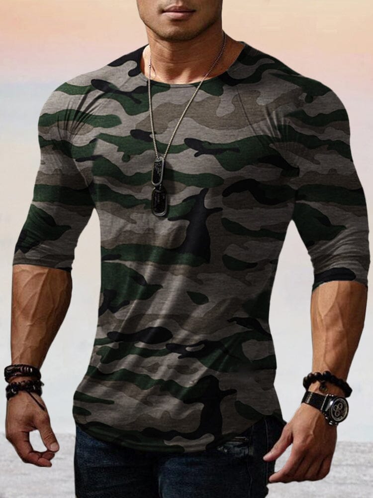 Solid Long Sleeve Stretchy Cotton Gym T-Shirt T-Shirt coofandystore Camouflage M 