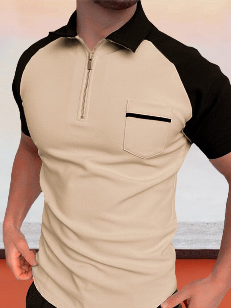 Color Blocking Zipper Polo shirt Polos coofandystore Khaki S 