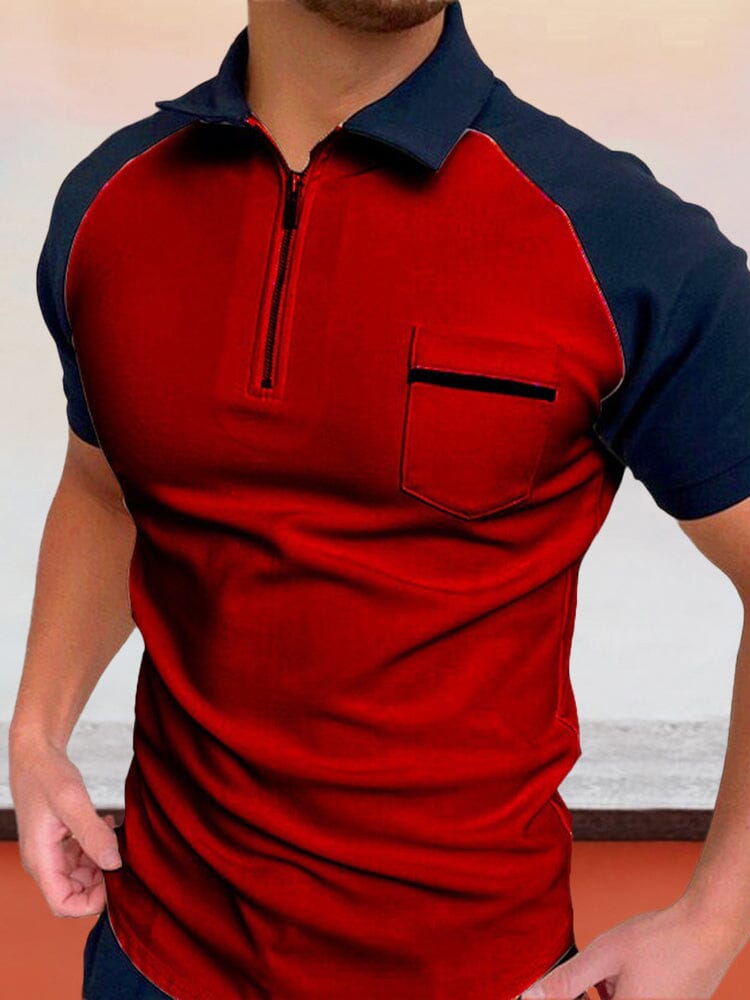 Color Blocking Zipper Polo shirt Polos coofandystore Red S 