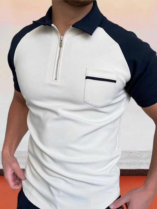 Color Blocking Zipper Polo shirt Polos coofandystore White S 