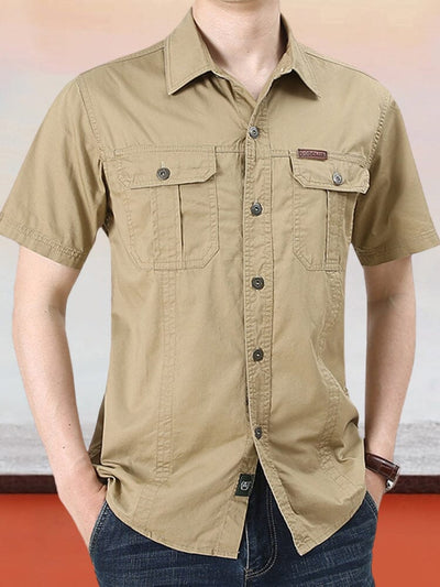 Classic Solid Short Sleeves Cotton Shirt Shirts coofandystore Khaki M 