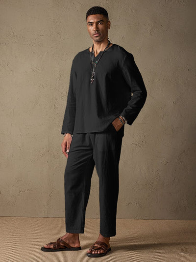 Cozy Solid Cotton and Linen Shirt Set Sets coofandystore Black S 