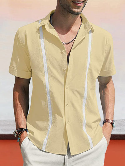 Short Sleeves Cotton Linen Splicing Shirt Shirts coofandystore Khaki S 