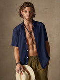 Classic Casual Cotton and Linen Stand Collar Shirt Shirts coofandystore Navy Blue M 