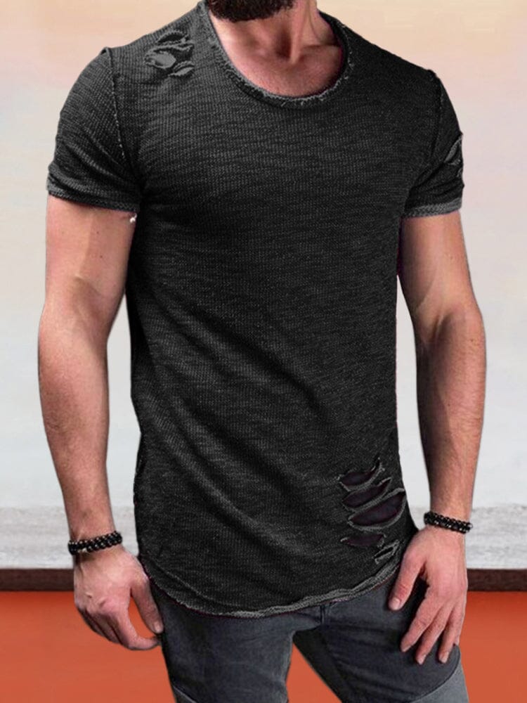 Round Neck Torn T-shirt T-Shirt coofandystore Black S 