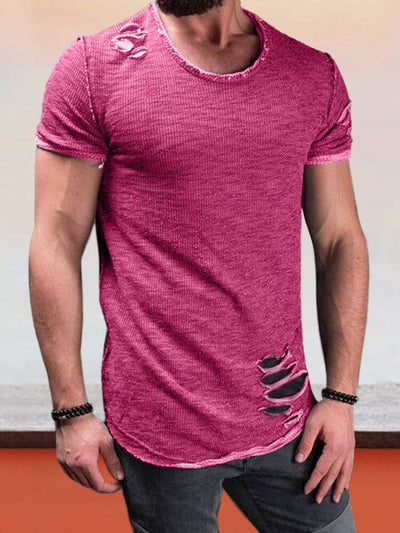 Round Neck Torn T-shirt T-Shirt coofandystore Rose Red S 