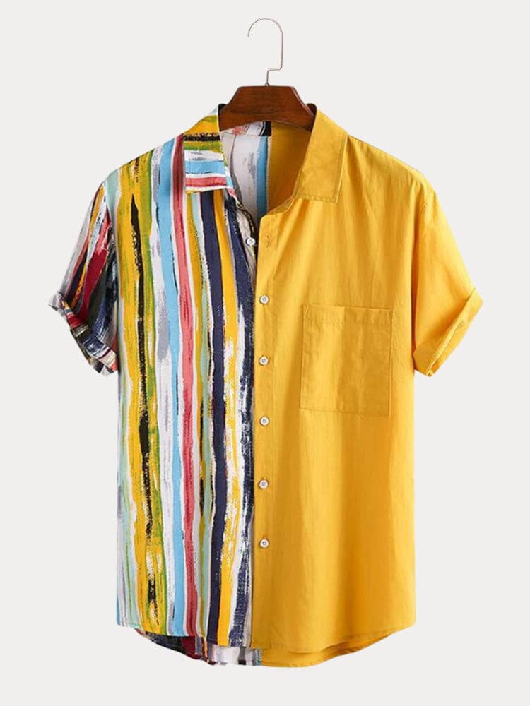 Stripe Splicing Short Sleeves Shirt Shirts coofandystore Yellow S 