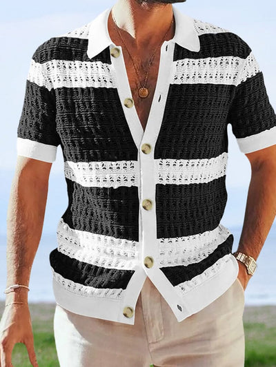 Color Blocking Short-sleeved Knitted Cardigan Shirts & Polos coofandystore Black M 