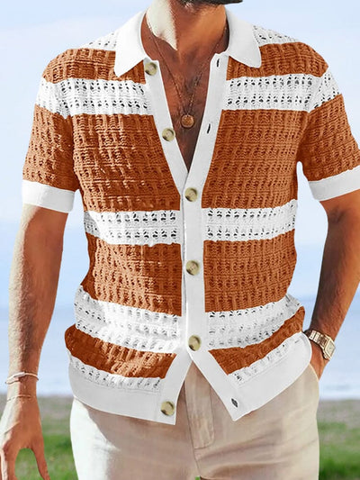 Color Blocking Short-sleeved Knitted Cardigan Shirts & Polos coofandystore Brown M 