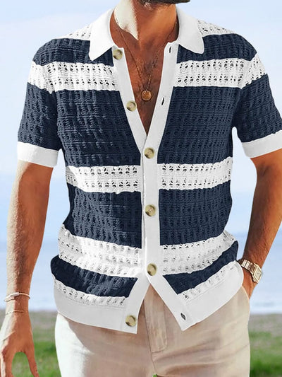 Color Blocking Short-sleeved Knitted Cardigan Shirts & Polos coofandystore Dark Blue M 