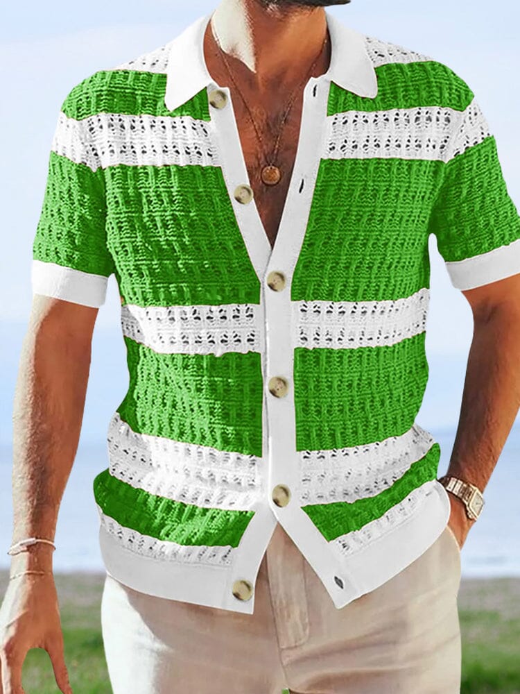 Color Blocking Short-sleeved Knitted Cardigan Shirts & Polos coofandystore Green M 