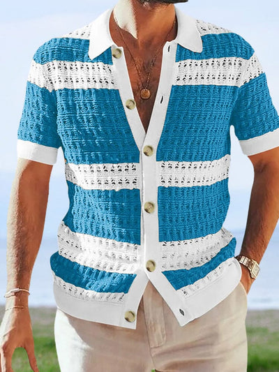 Color Blocking Short-sleeved Knitted Cardigan Shirts & Polos coofandystore Lake Blue M 
