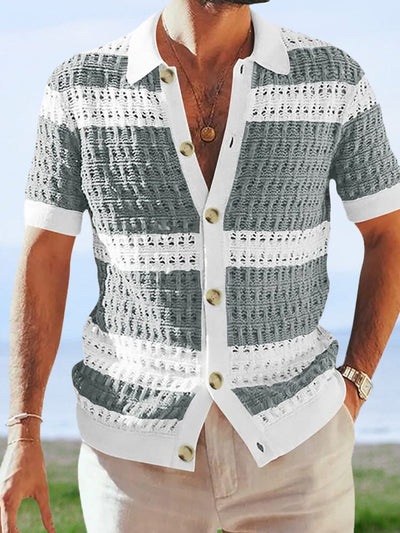 Color Blocking Short-sleeved Knitted Cardigan Shirts & Polos coofandystore Light Grey M 