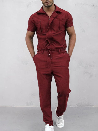 One-piece Woven Suit with Zipper Jumpsuit coofandystore Wine Red M 