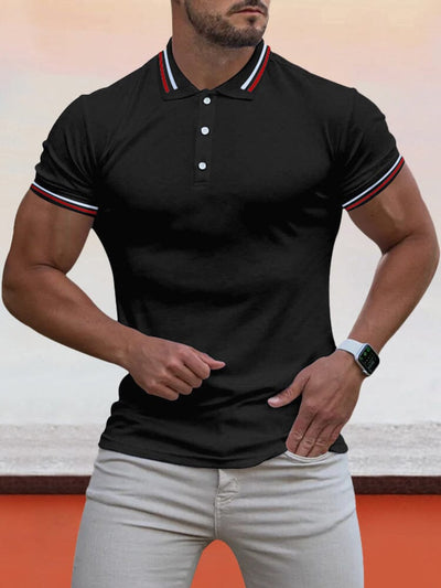 Collar Cuff Stripes Splicing Short-sleeved Polo Shirt Polos coofandystore Black M 