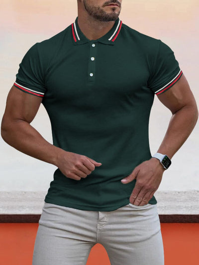 Collar Cuff Stripes Splicing Short-sleeved Polo Shirt Polos coofandystore Dark Green M 