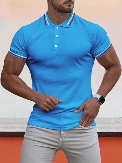 Collar Cuff Stripes Splicing Short-sleeved Polo Shirt Polos coofandystore Light Blue M 