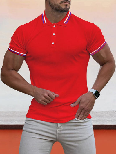Collar Cuff Stripes Splicing Short-sleeved Polo Shirt Polos coofandystore Red M 