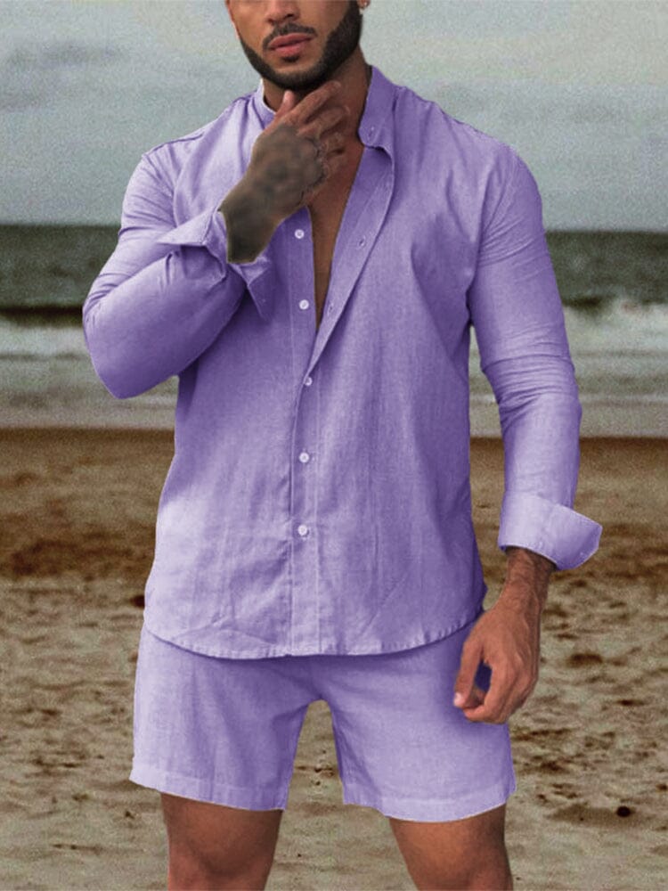 Solid Pure Cotton Shirt Set Sets coofandystore Light Purple S 
