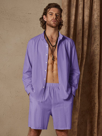 Casual Solid Color Cotton Linen Beach Shirt Set Sets coofandystore Purple S 