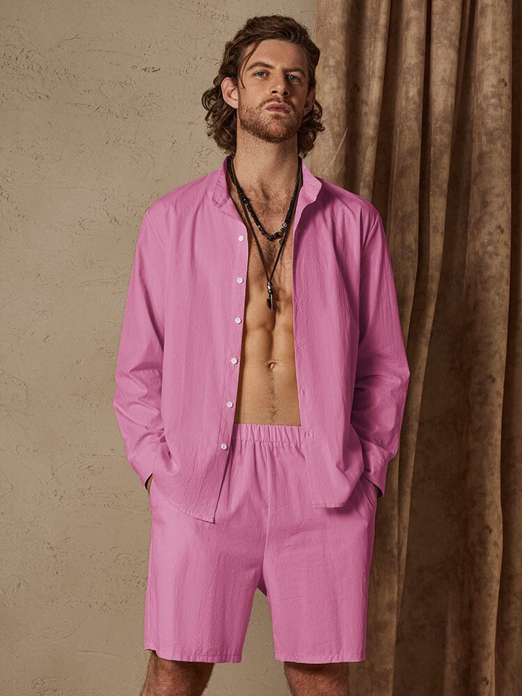 Casual Solid Color Cotton Linen Beach Shirt Set Sets coofandystore Pink S 