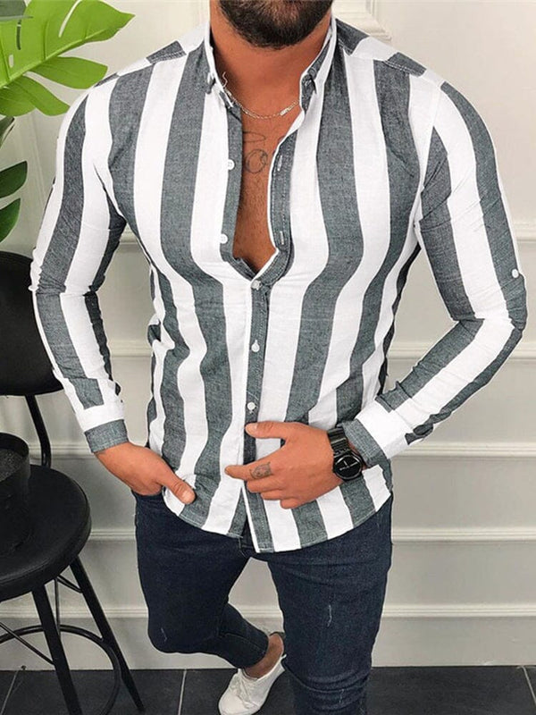 Stripe Long Sleeves Button Shirt Shirts coofandystore Grey XS 