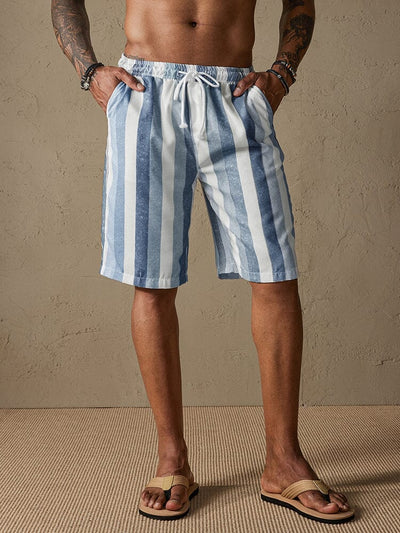 Stripe Drawstring Cotton Linen Beach Shorts Shorts coofandystore Deep Blue S 