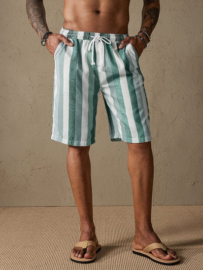 Stripe Drawstring Cotton Linen Beach Shorts Shorts coofandystore Green S 
