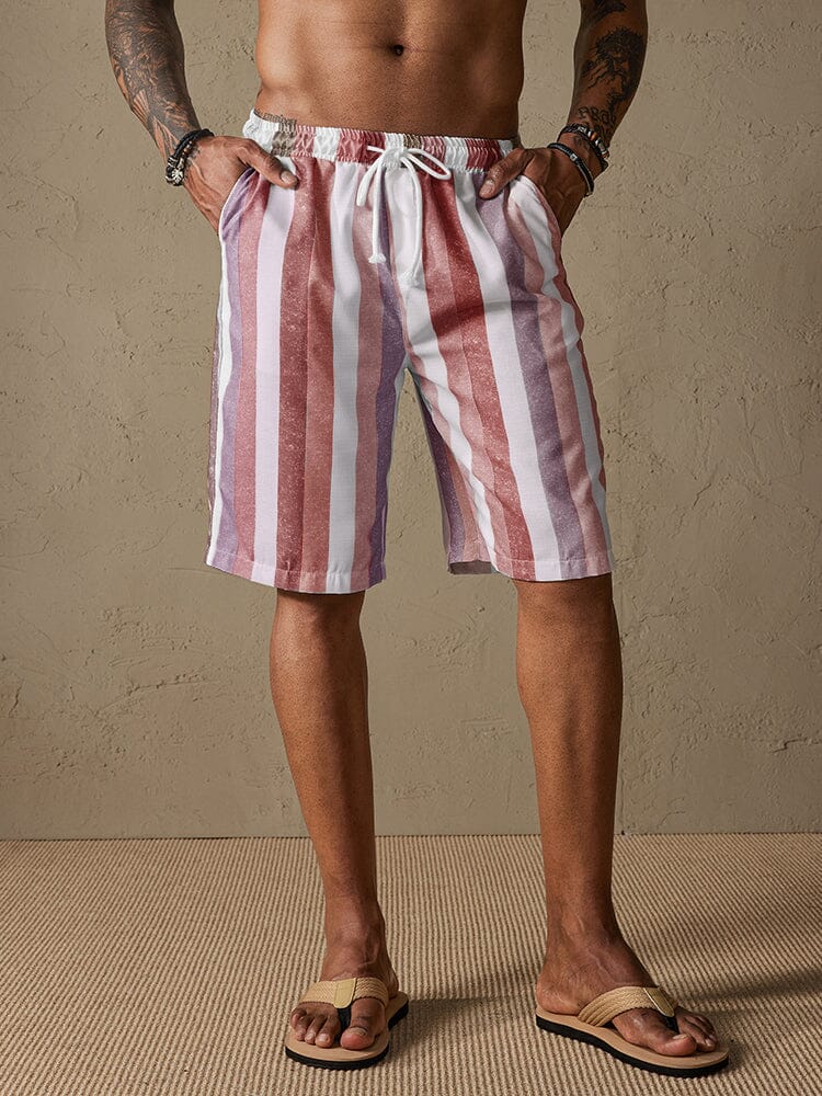 Stripe Drawstring Cotton Linen Beach Shorts Shorts coofandystore Red S 