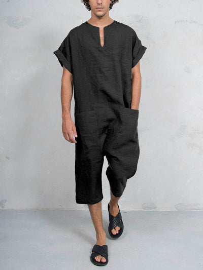 Short Sleeve Cotton Linen Jumpsuit Jumpsuit coofandystore Black M 