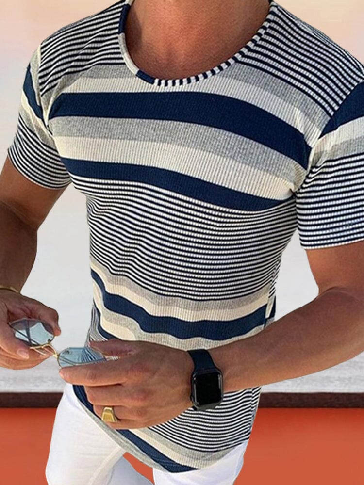 Stretchy Stripe Short Sleeves Top T-Shirt coofandystore Deep Blue M 