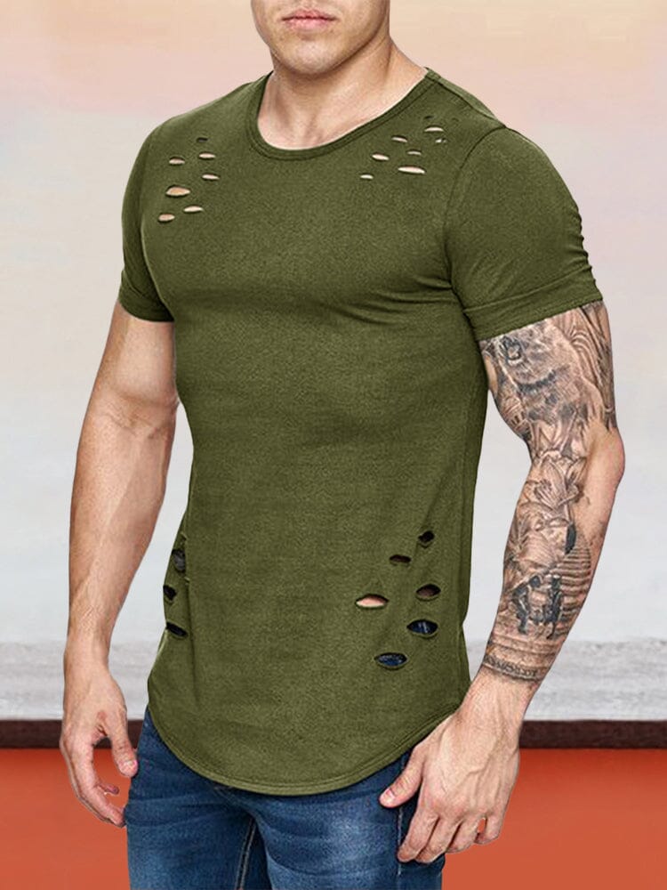 Slim Short Sleeves Torn Top T-Shirt coofandystore Army Green S 