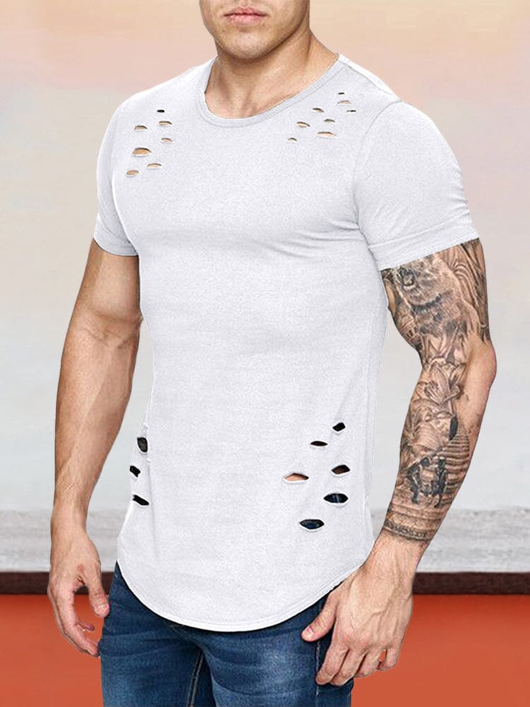 Slim Short Sleeves Torn Top T-Shirt coofandystore White S 