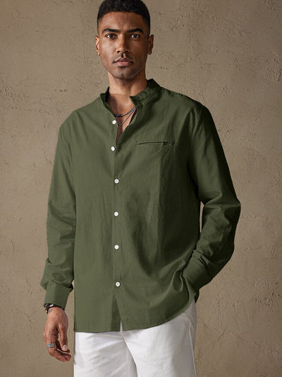 Cotton Linen Stand Collar Button Casual Shirt Shirts coofandystore Army Green M 