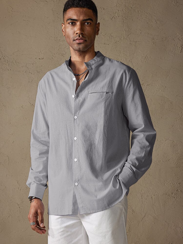 Cotton Linen Stand Collar Button Casual Shirt Shirts coofandystore Grey M 